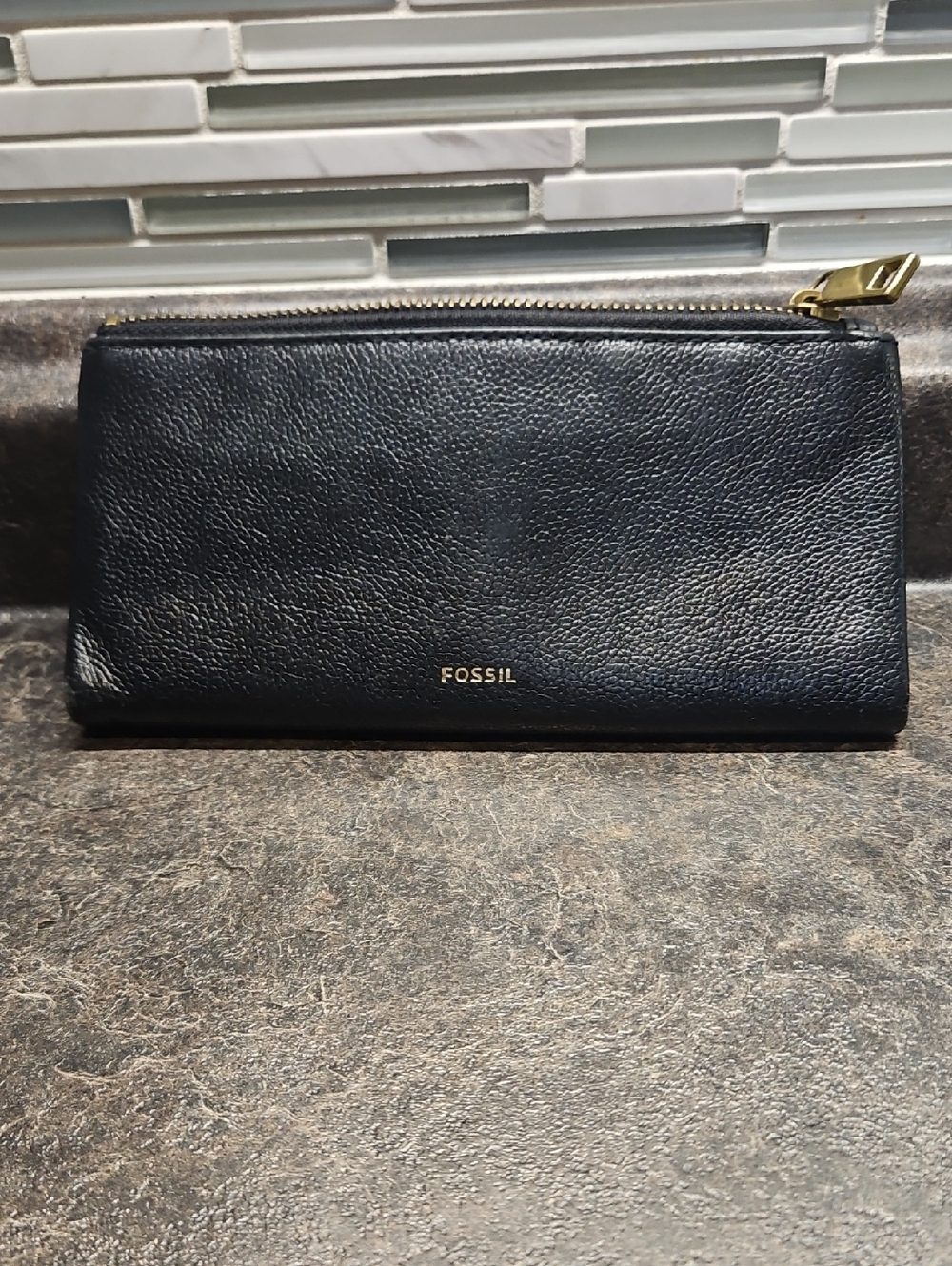 Fossil Black Leather Zip Wallet with Gold Hardware